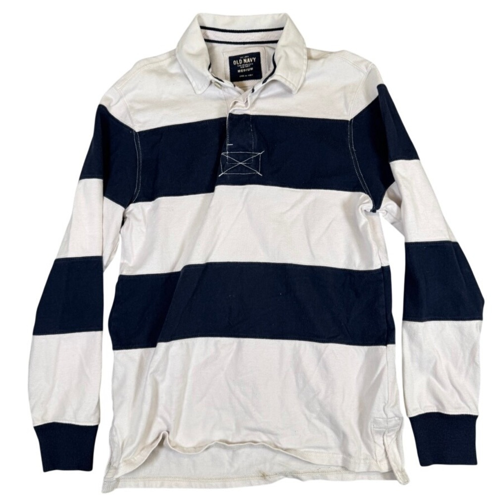 Old Navy Mens Medium Long Sleeve Rugby Shirt Navy Blue White Striped Polo